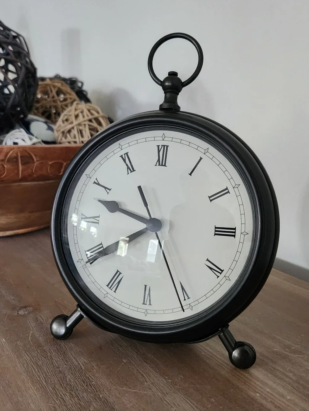Pottery Barn Black Metal Tabletop Clock Roman Numerals Vintage Style Decor